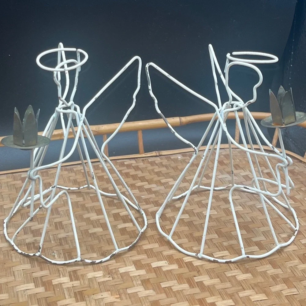 Vintage set‎ of two Wire Angel Candle Holder Christmas Decoration